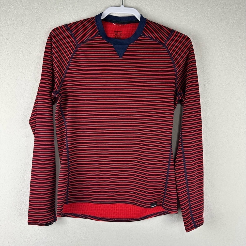 Patagonia Men’s Red Dark Blue Stripe Capilene 3 Midweight Long Sleeve Shirt XS